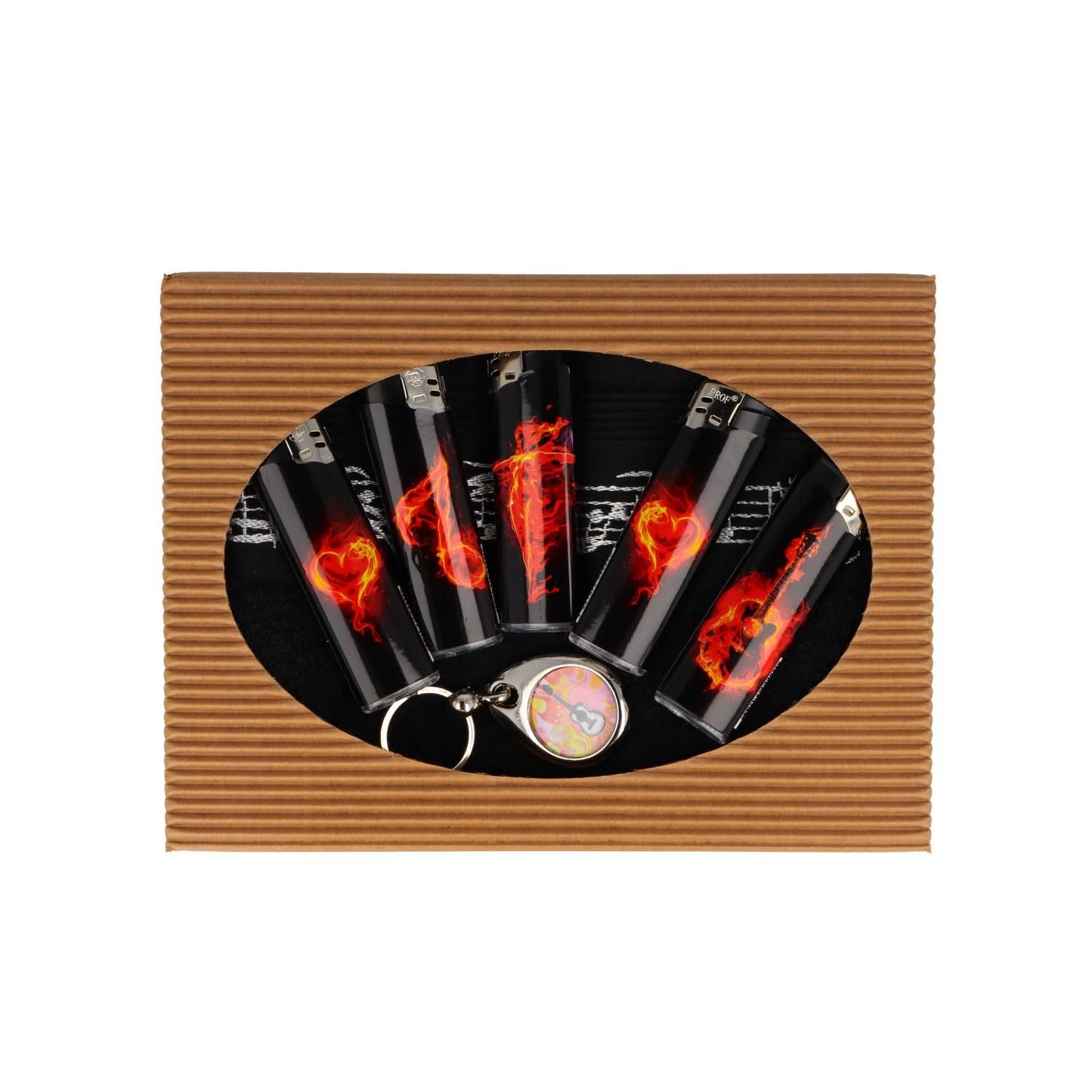 Gift set with black guest towel with music border, key ring and electronic lighters flames