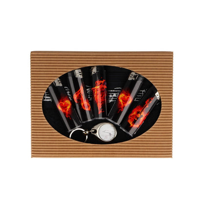 Gift set with black guest towel with music border, key ring and electronic lighters flames