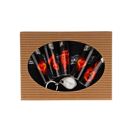 Gift set with black guest towel with music border, key ring and electronic lighters flames