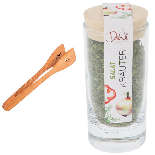 Geschenkset Salatzange mit gelasertem Violinschlüssel/Achtelnote und Salat-Kräuter-Gewürzmischung im Gewürzglas  in Tagetasche
