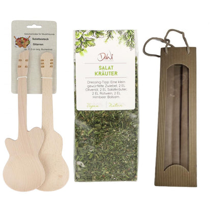 Geschenkset Gitarren-Salatbesteck und Salat-Kräuter-Gewürzmischung in Tragetasche