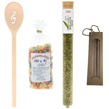 Geschenkset mit Kochlöffel, Notennudeln und Bärlauch Pesto ST XL, 20 g im Glas in Tragetasche