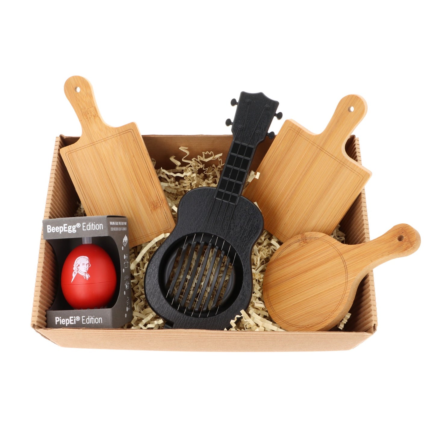 Geschenkset mit musikalischem PiepEi, Ukulele-Eierschneider und Mini-Brettchen in Faltschachtel