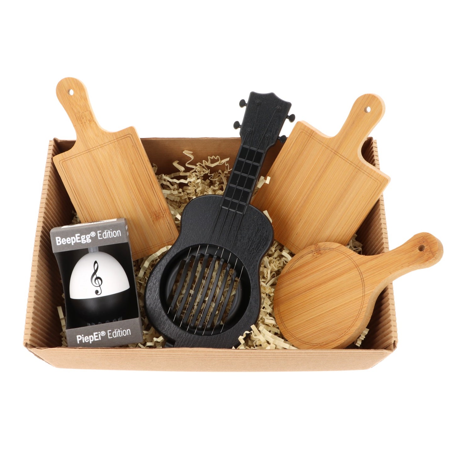 Geschenkset mit musikalischem PiepEi, Ukulele-Eierschneider und Mini-Brettchen in Faltschachtel