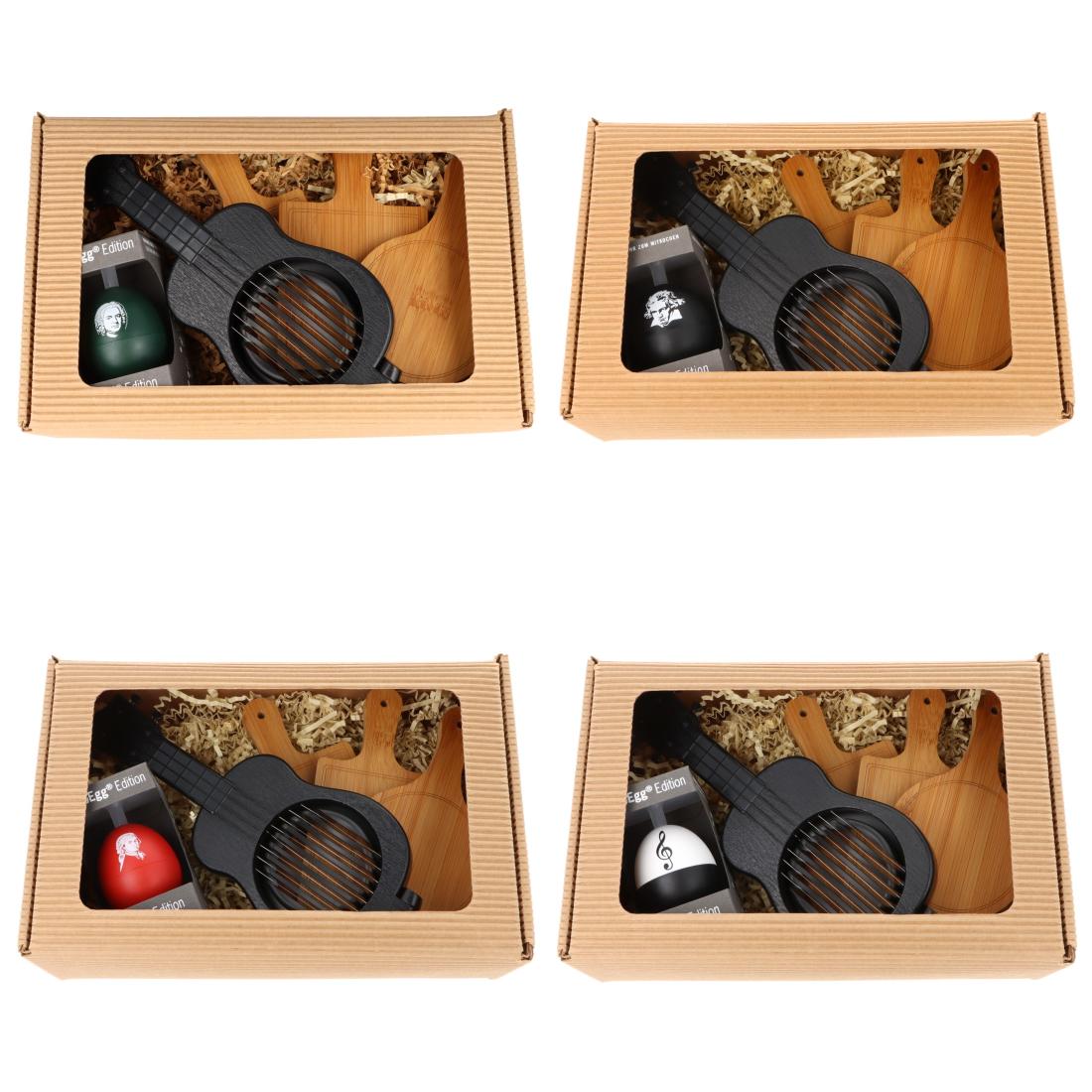 Geschenkset mit musikalischem PiepEi, Ukulele-Eierschneider und Mini-Brettchen in Faltschachtel