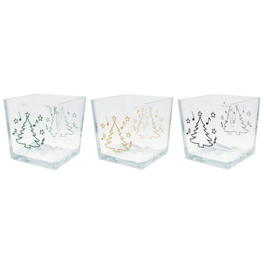 Weihnachtliche Glas-Vase mit Noten, Tannenbaum und Sternen