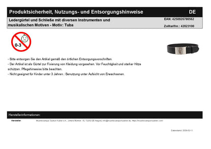 Ledergürtel und Schließe mit diversen Instrumenten und graues Baseball-Cap mit eingestickten Instrumenten