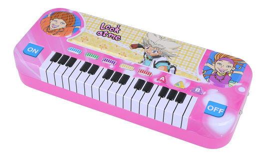 colorful pencil box with keyboard and "I love friends" motifs