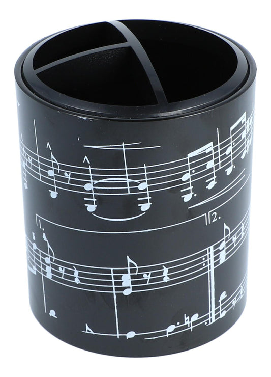 round pencil box with notes and staves, pencil holder