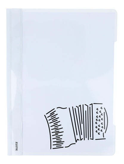 white folders with various instruments or musical notations