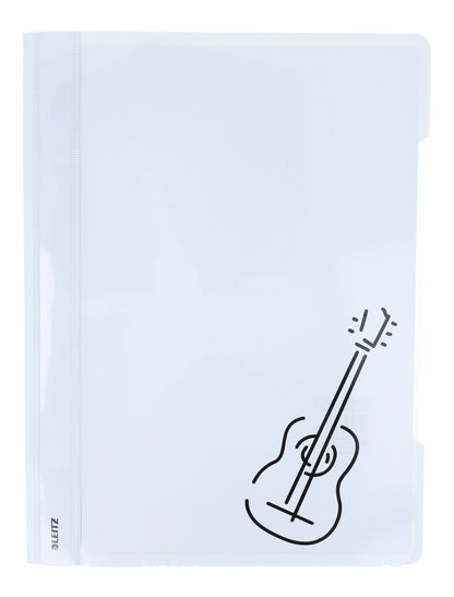 white folders with various instruments or musical notations