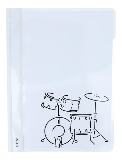 white folders with various instruments or musical notations