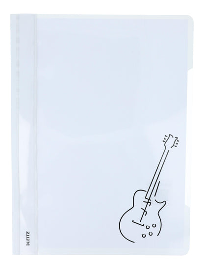 white folders with various instruments or musical notations