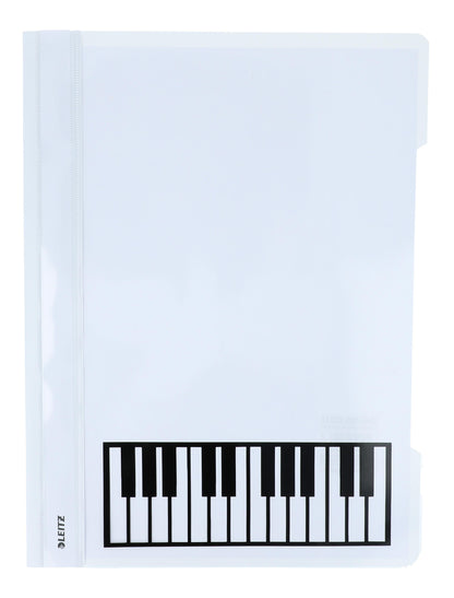 white folders with various instruments or musical notations