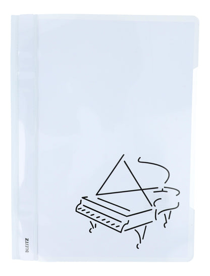 white folders with various instruments or musical notations