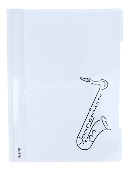 white folders with various instruments or musical notations