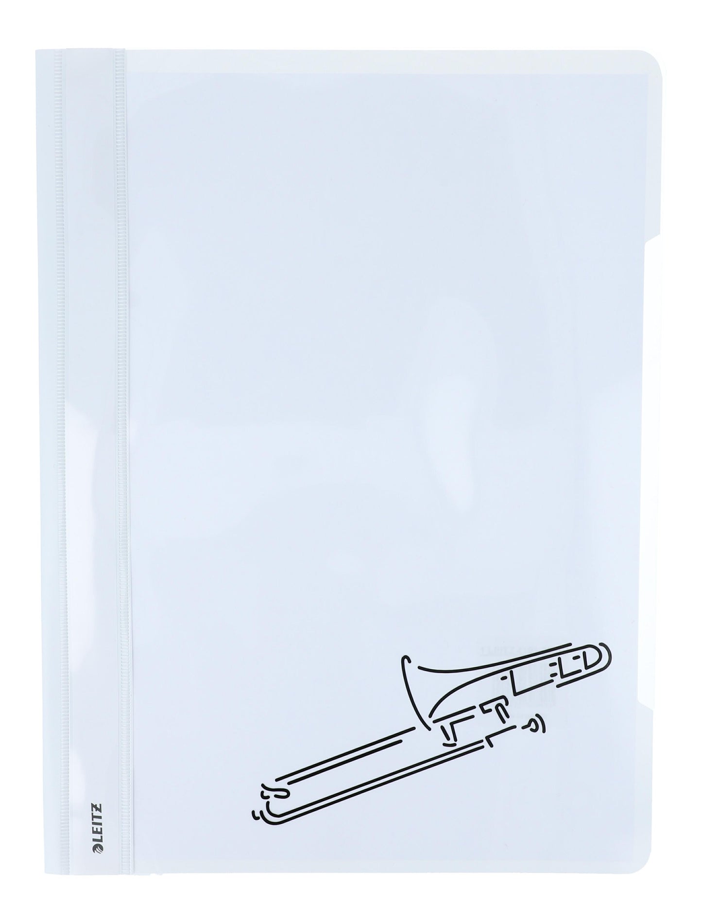 white folders with various instruments or musical notations