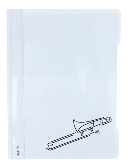 white folders with various instruments or musical notations