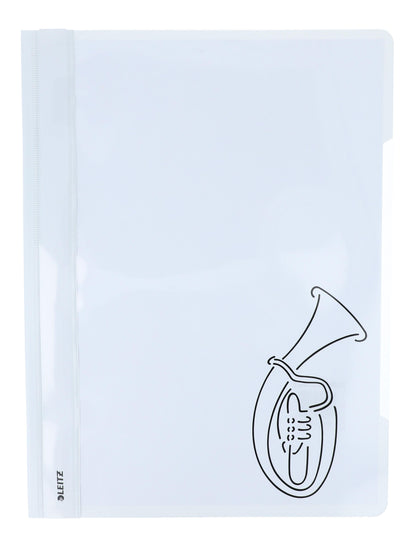 white folders with various instruments or musical notations