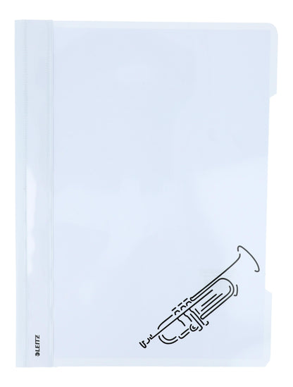 white folders with various instruments or musical notations