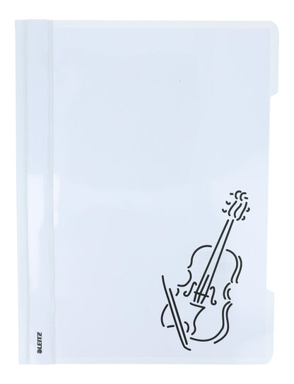 white folders with various instruments or musical notations