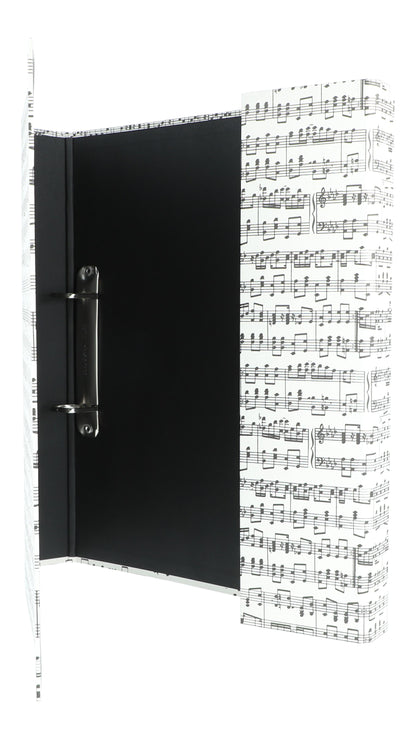 narrow ring binder with black music lines