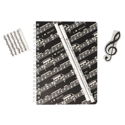 Writing set consisting of a spiral notebook, 2 curved staff pencils, treble clef clip and staff eraser