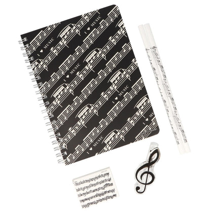 Writing set consisting of a spiral notebook, 2 curved staff pencils, treble clef clip and staff eraser