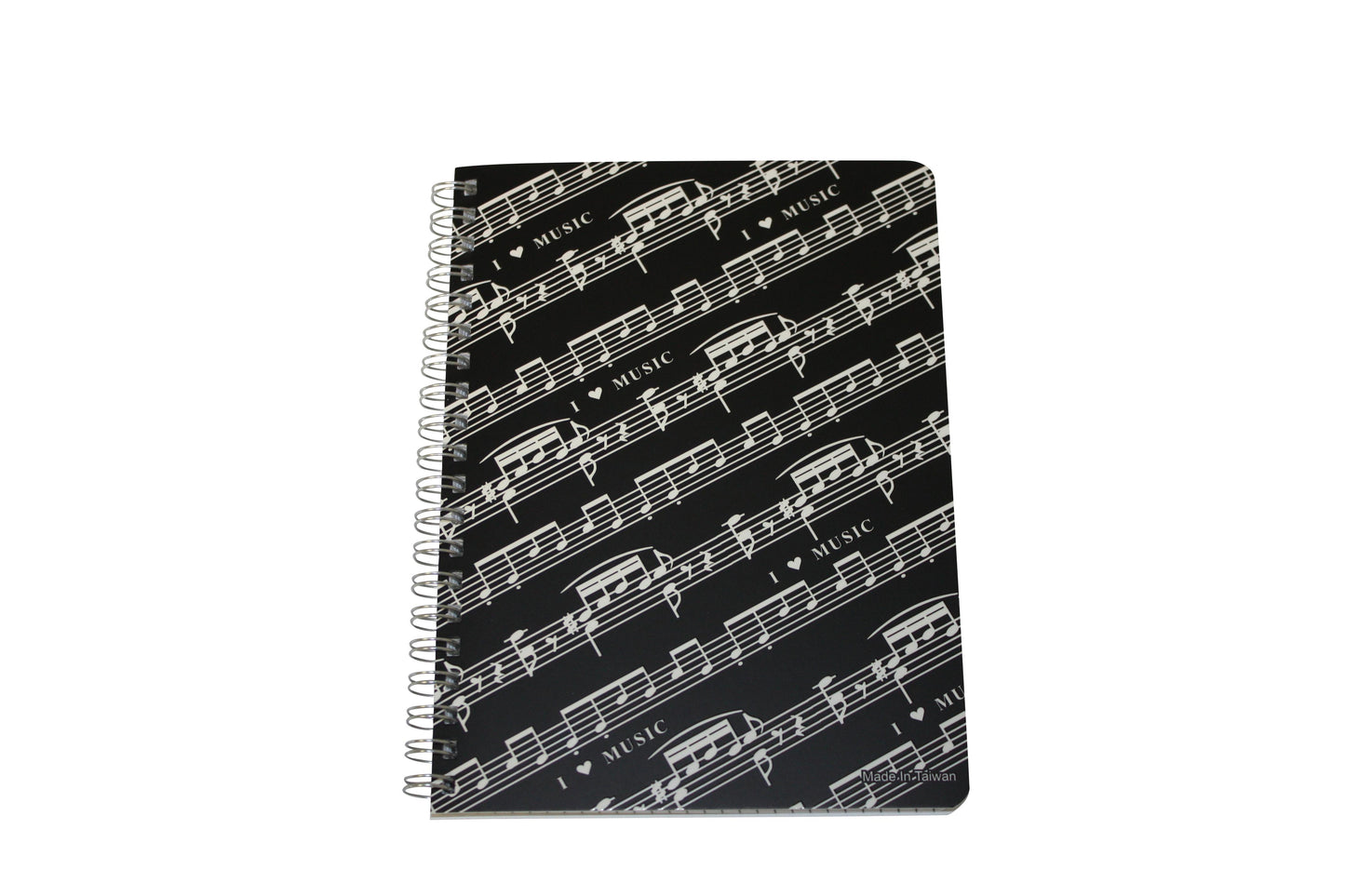 black spiral notebook with white music lines