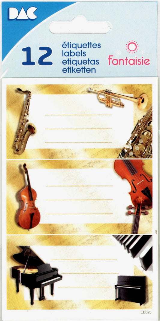 instrument labels with piano, saxophone and violin