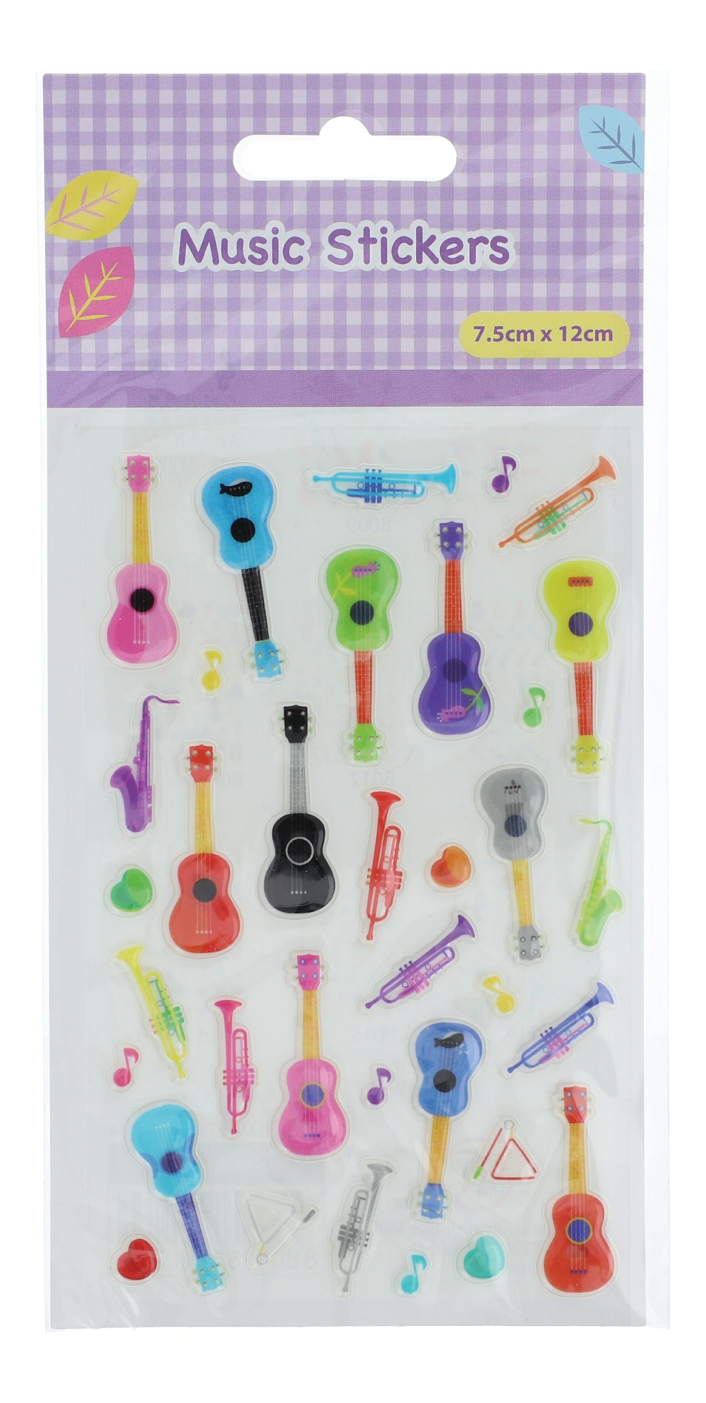 Music stickers with colorful guitars and trumpets (1 sheet)