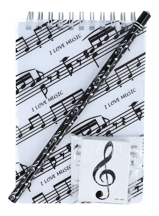 Writing set with music lines, spiral notebook, pencil, treble clef eraser