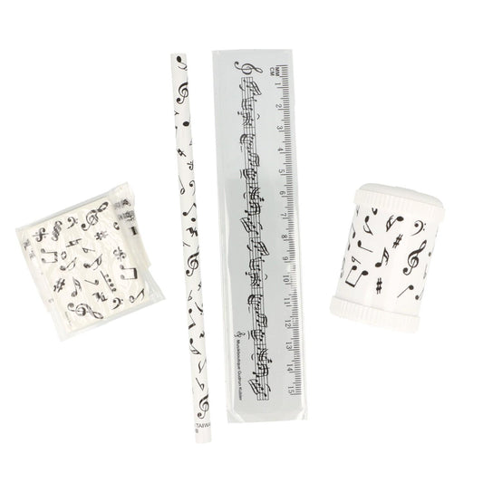 White writing set with note mix pencil, sharpener round tin, ruler and eraser