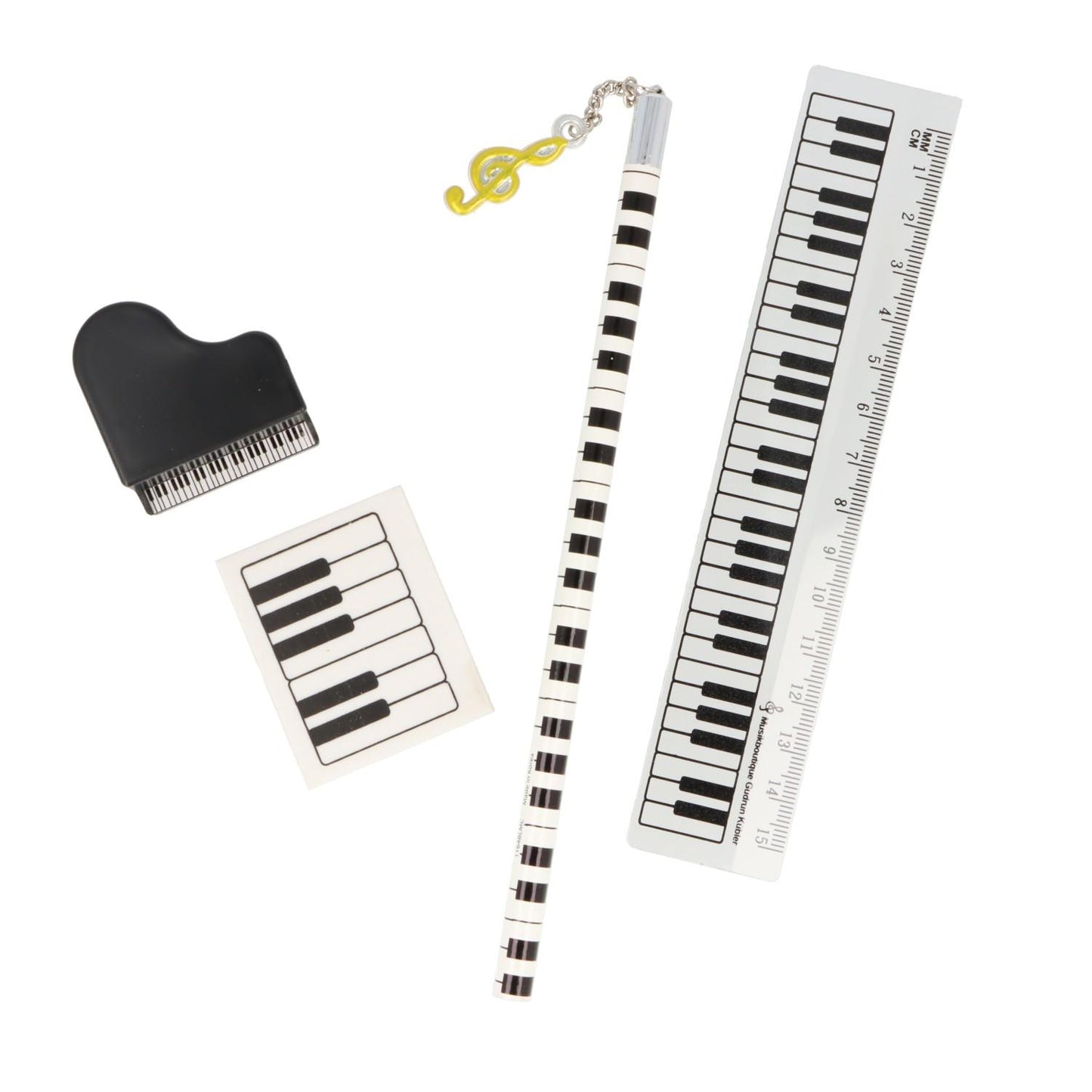 Keyboard writing set with pencil, eraser, sharpener and ruler