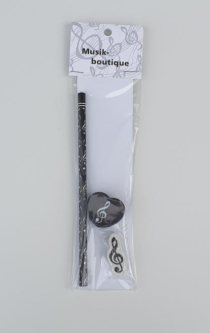 Writing set with note mix pencil, treble clef eraser and sharpener