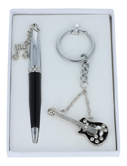 Electric guitar keychain and ballpoint pen with music note pendant in a set