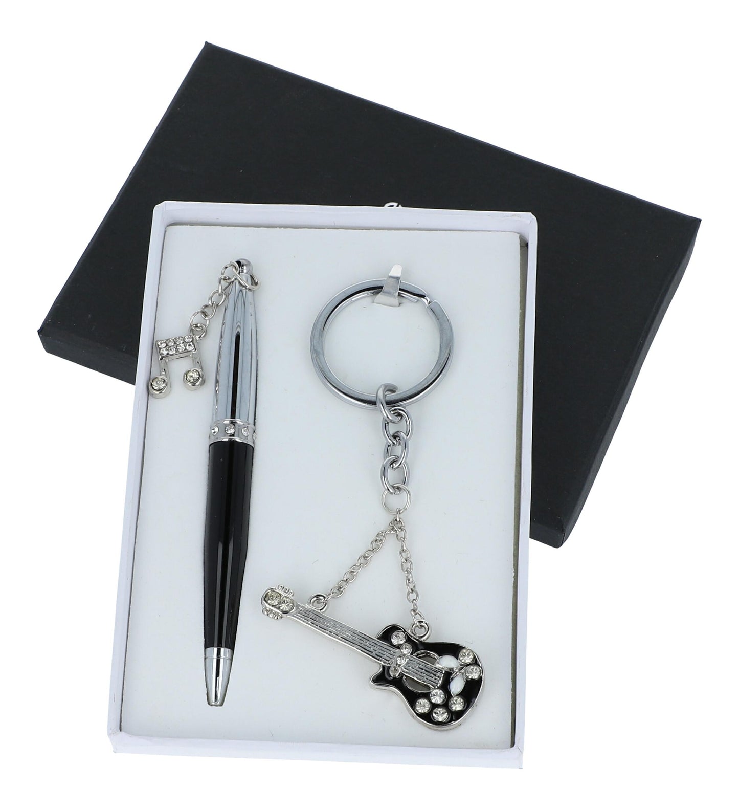 Electric guitar keychain and ballpoint pen with music note pendant in a set