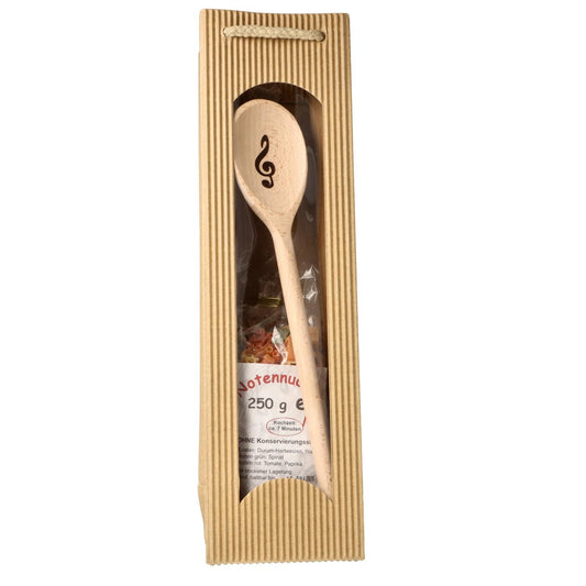 Gift set with music note pasta and treble clef wooden spoon in carrying bag