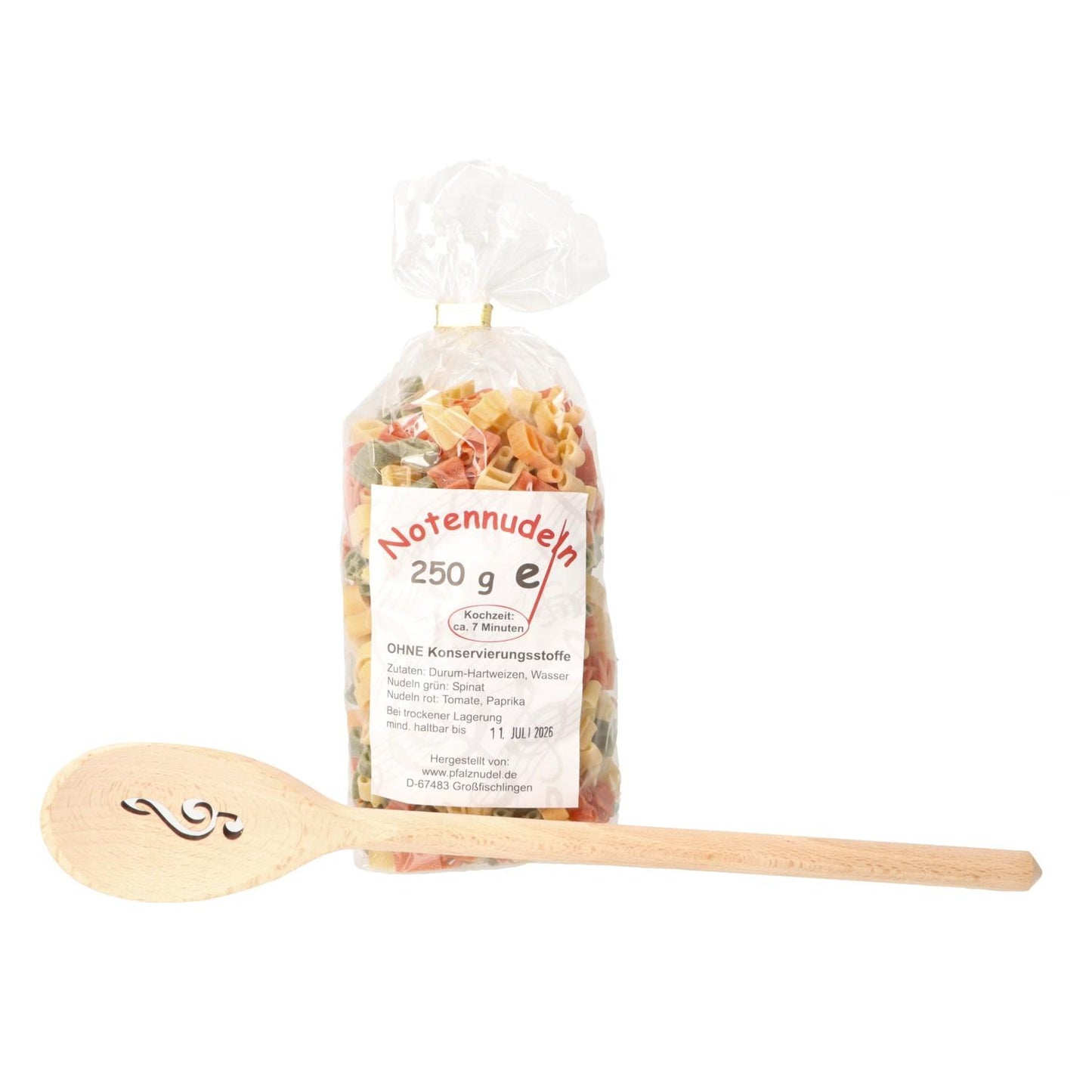 Gift set with music note pasta and treble clef wooden spoon in carrying bag