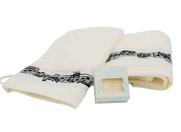 musical gift set with guest towel, washcloth and mini soap in a gift box