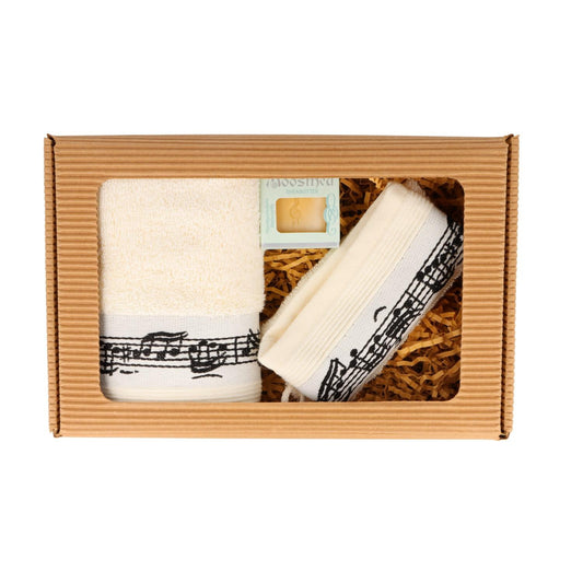 musical gift set with guest towel, washcloth and mini soap in a gift box