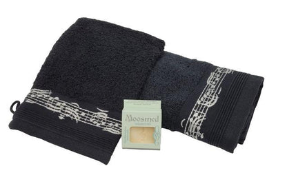 musical gift set with guest towel, washcloth in black and mini soap in a gift box