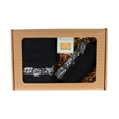 musical gift set with guest towel, washcloth in black and mini soap in a gift box