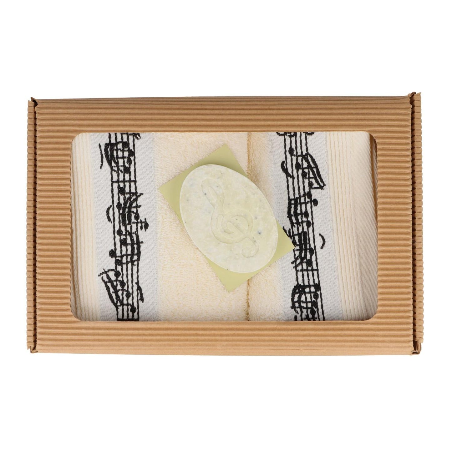 musikalisches Geschenkset mit Gästehandtuch, Waschhandschuh und Salzseife Limette im Geschenkkarton