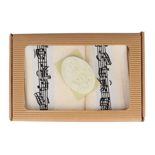 musikalisches Geschenkset mit Gästehandtuch, Waschhandschuh und Salzseife Limette im Geschenkkarton