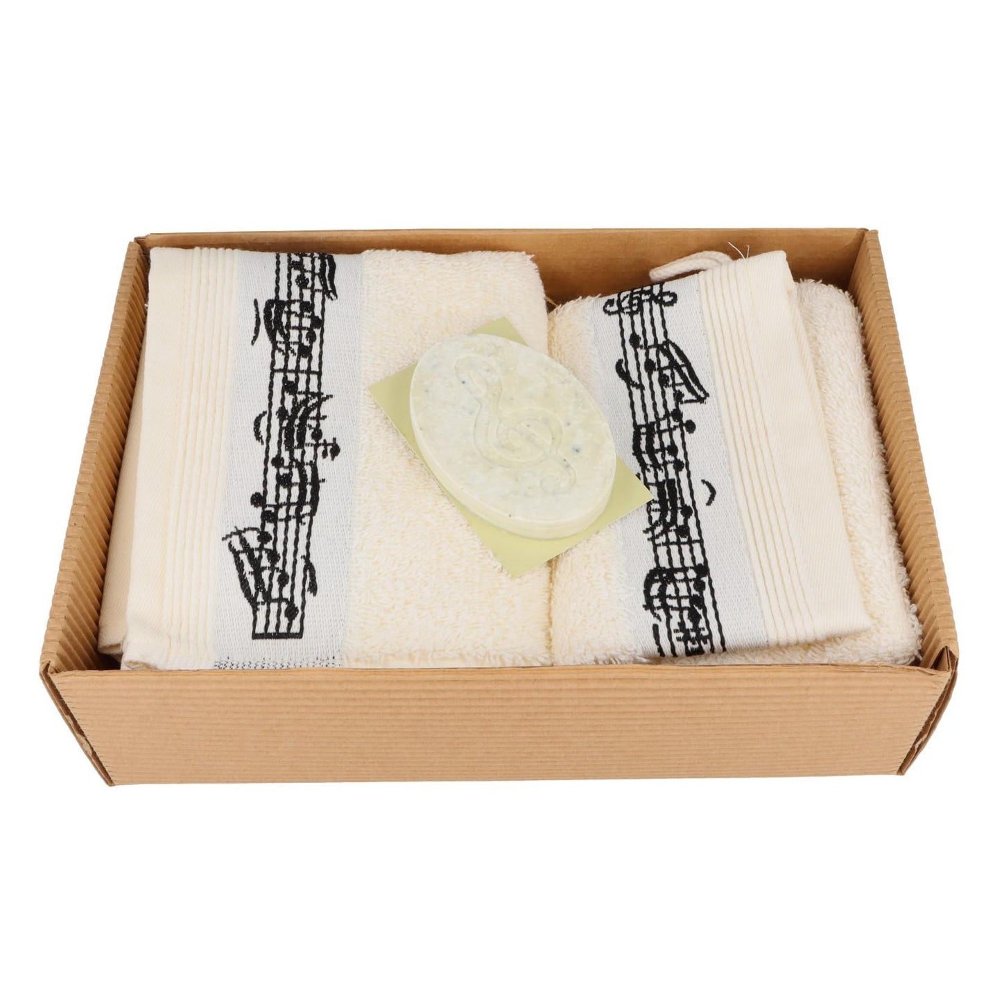 musikalisches Geschenkset mit Gästehandtuch, Waschhandschuh und Salzseife Limette im Geschenkkarton