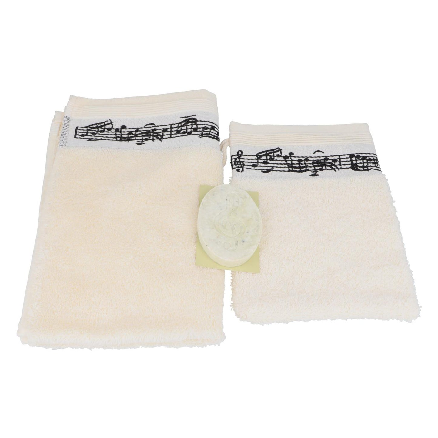 musikalisches Geschenkset mit Gästehandtuch, Waschhandschuh und Salzseife Limette im Geschenkkarton