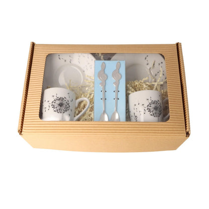 Gift set with espresso set dandelion and espresso spoon in folding box with viewing window