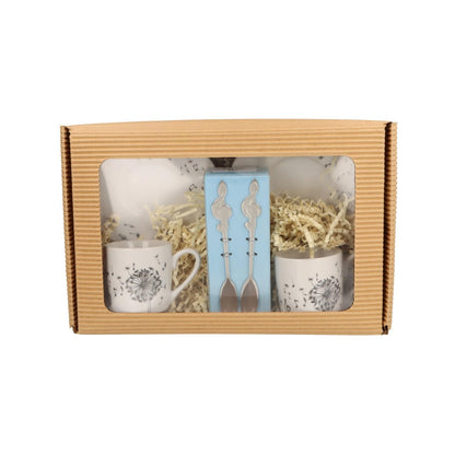 Gift set with espresso set dandelion and espresso spoon in folding box with viewing window