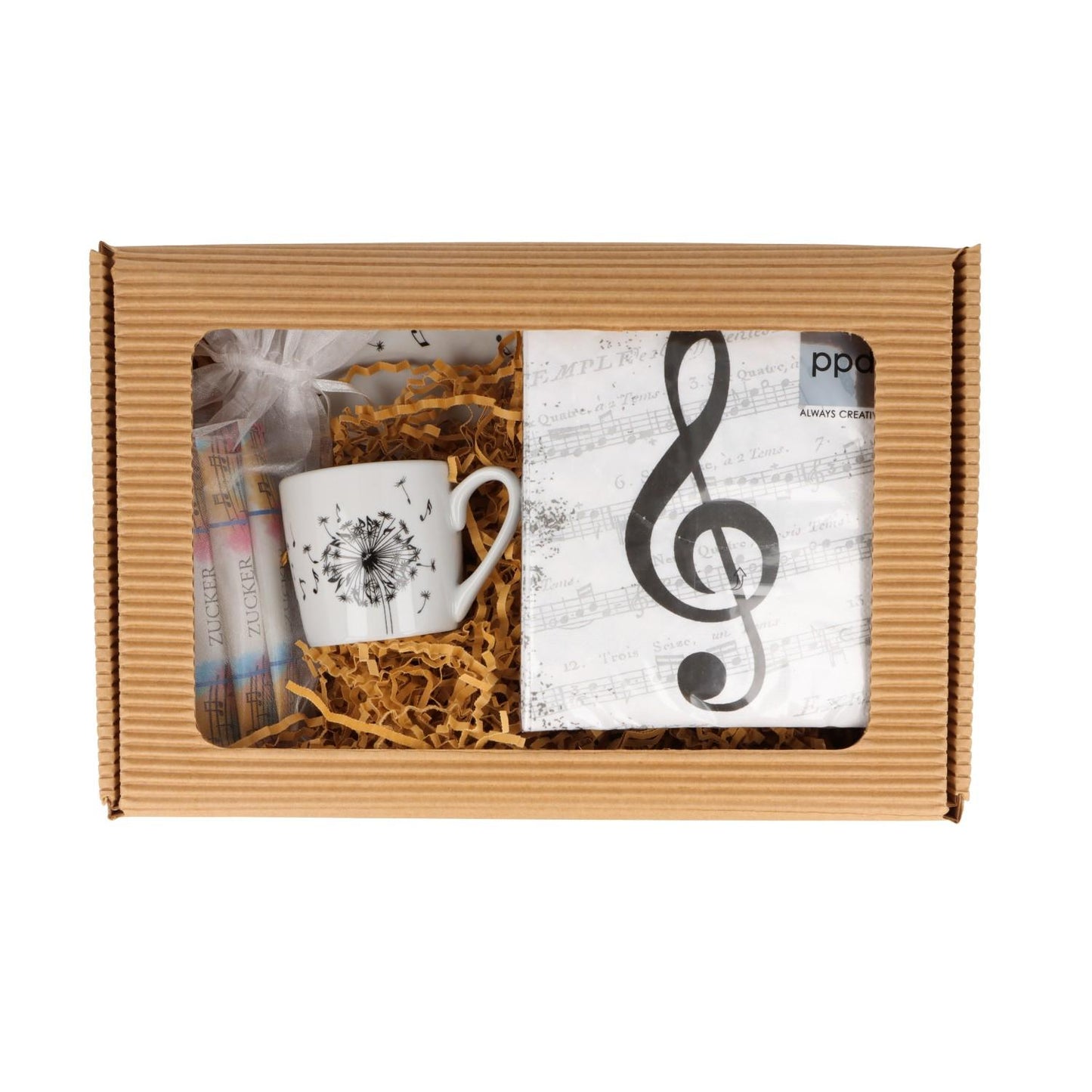 Gift set with espresso set, napkins and 4 sugar sticks